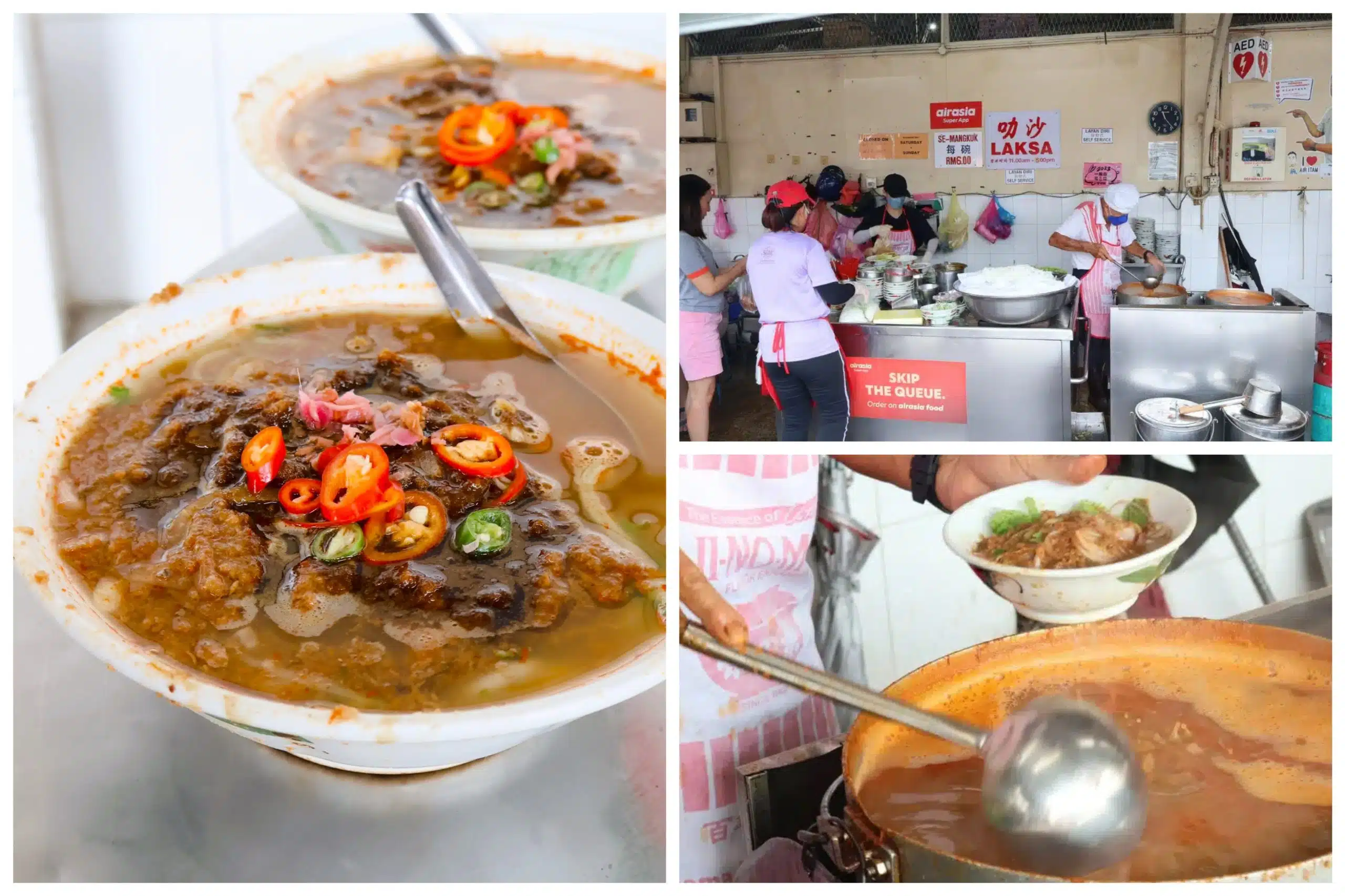 A bowl of Air Itam assam laksa with dark, rich broth, thick noodles and a generous swirl of hae ko prawn paste
