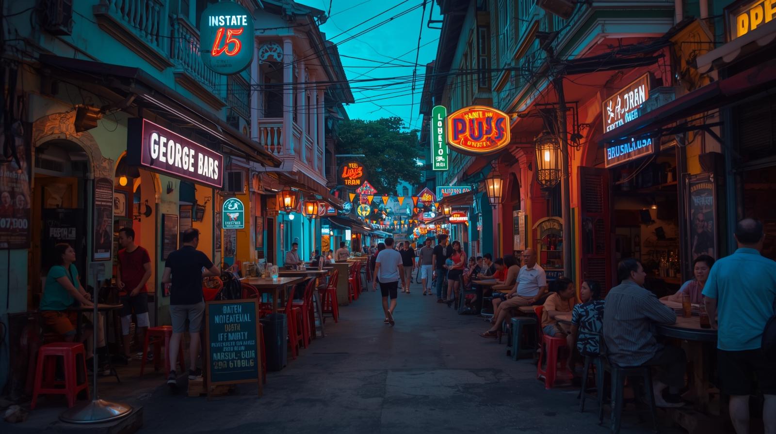 Cocktails on a rooftop bar overlooking the George Town skyline at dusk