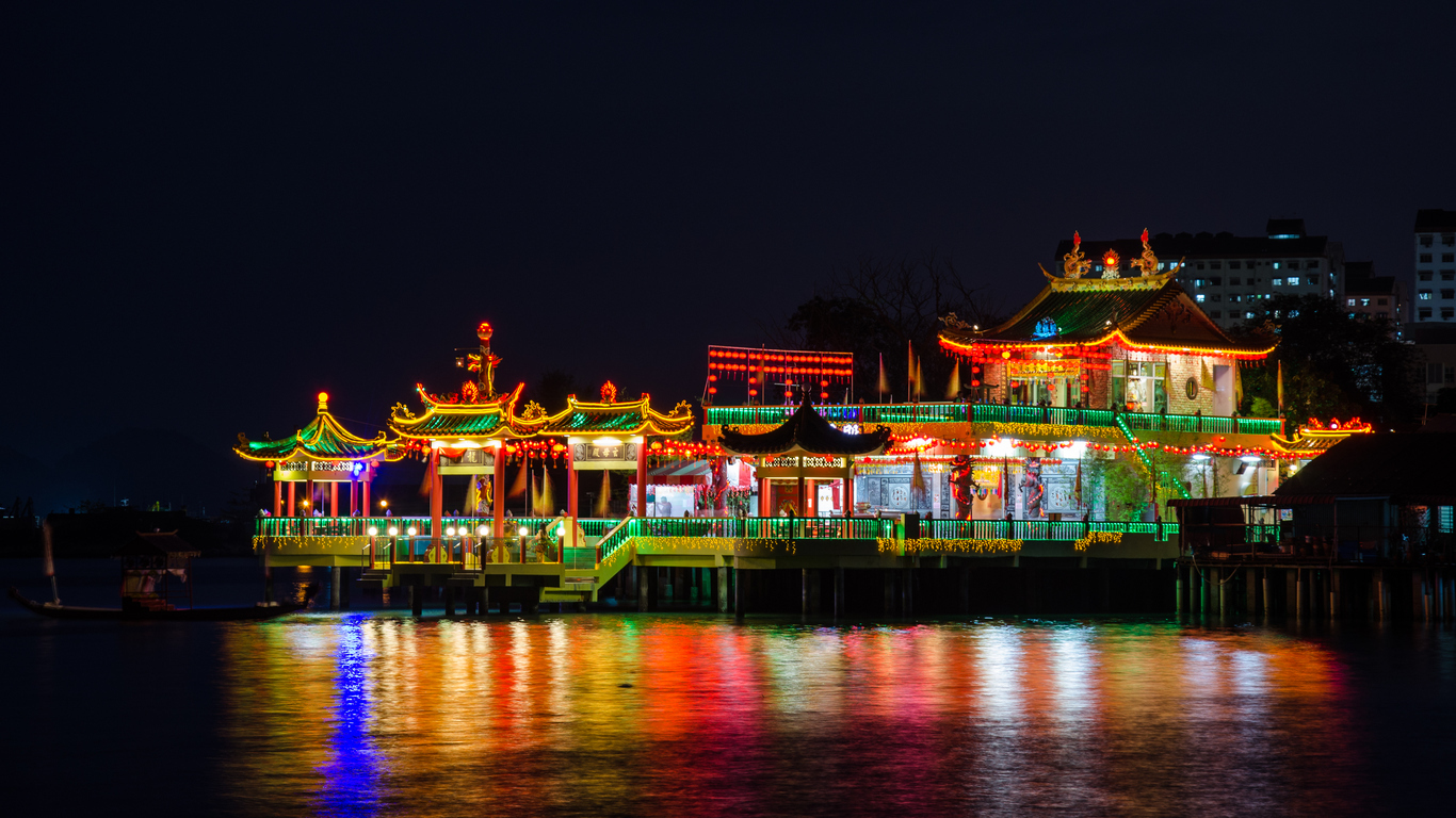 Hean Boo Thean floating temple on stilts over the water at Weld Quay, Penang