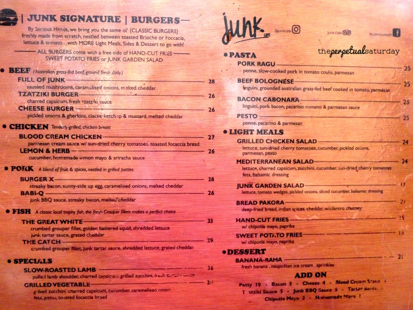 Menu at Junk Cafe