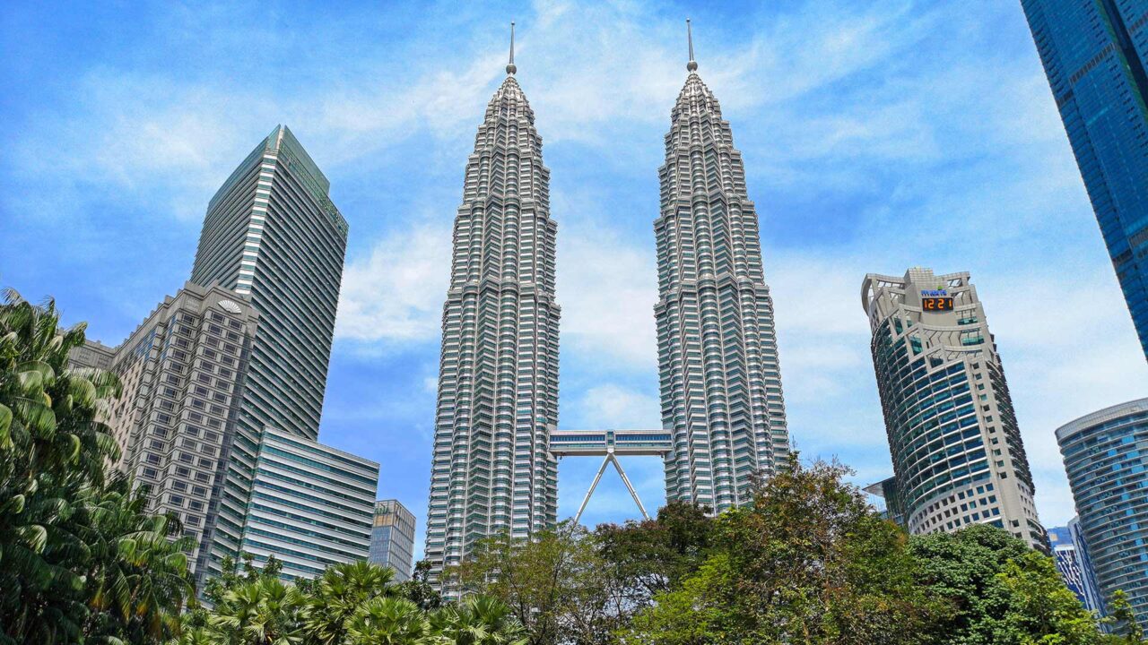 Night view from the Petronas Twin Towers Skybridge connecting both towers at Level 41