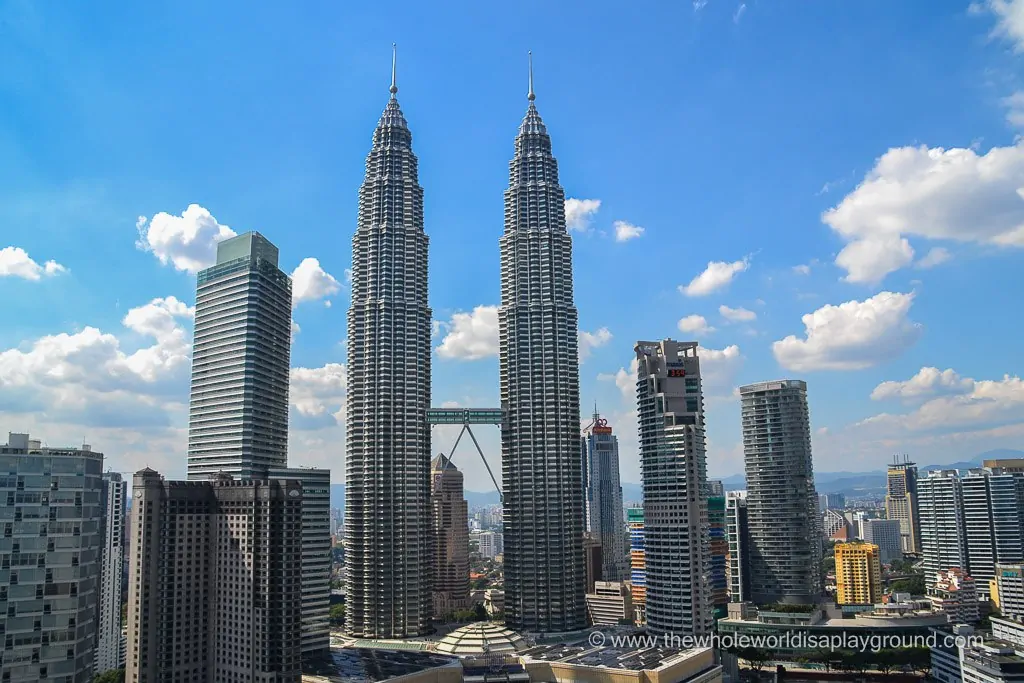 Head-on night view of the Petronas Twin Towers from SkyBar at Traders Hotel